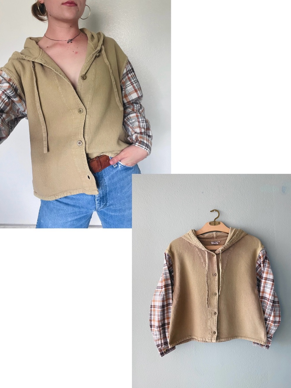 🌱5/$25🌱 Reworked | Plaid Sleeves Button Down Hoodie
